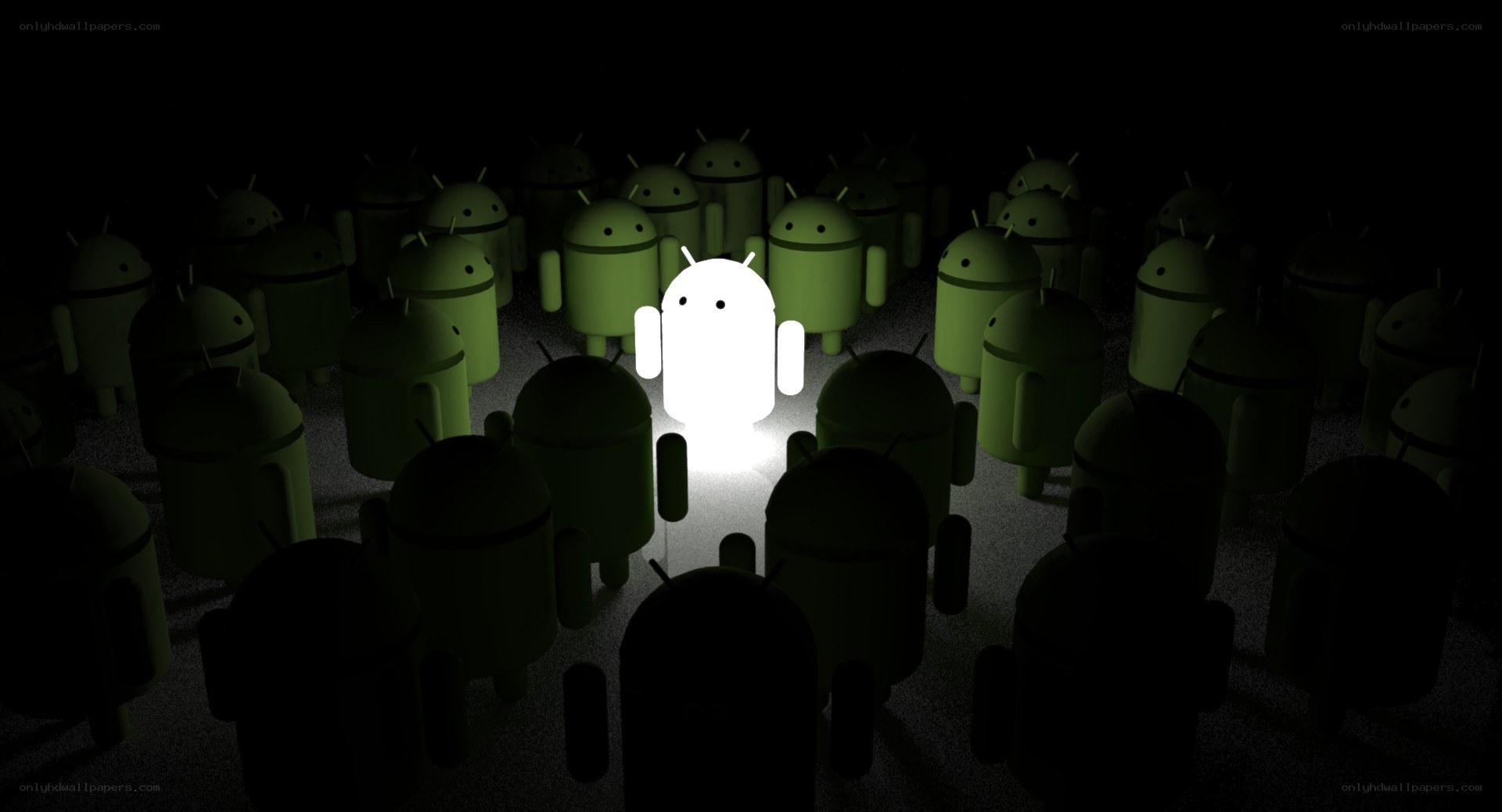 Android mascot in dark crowd
