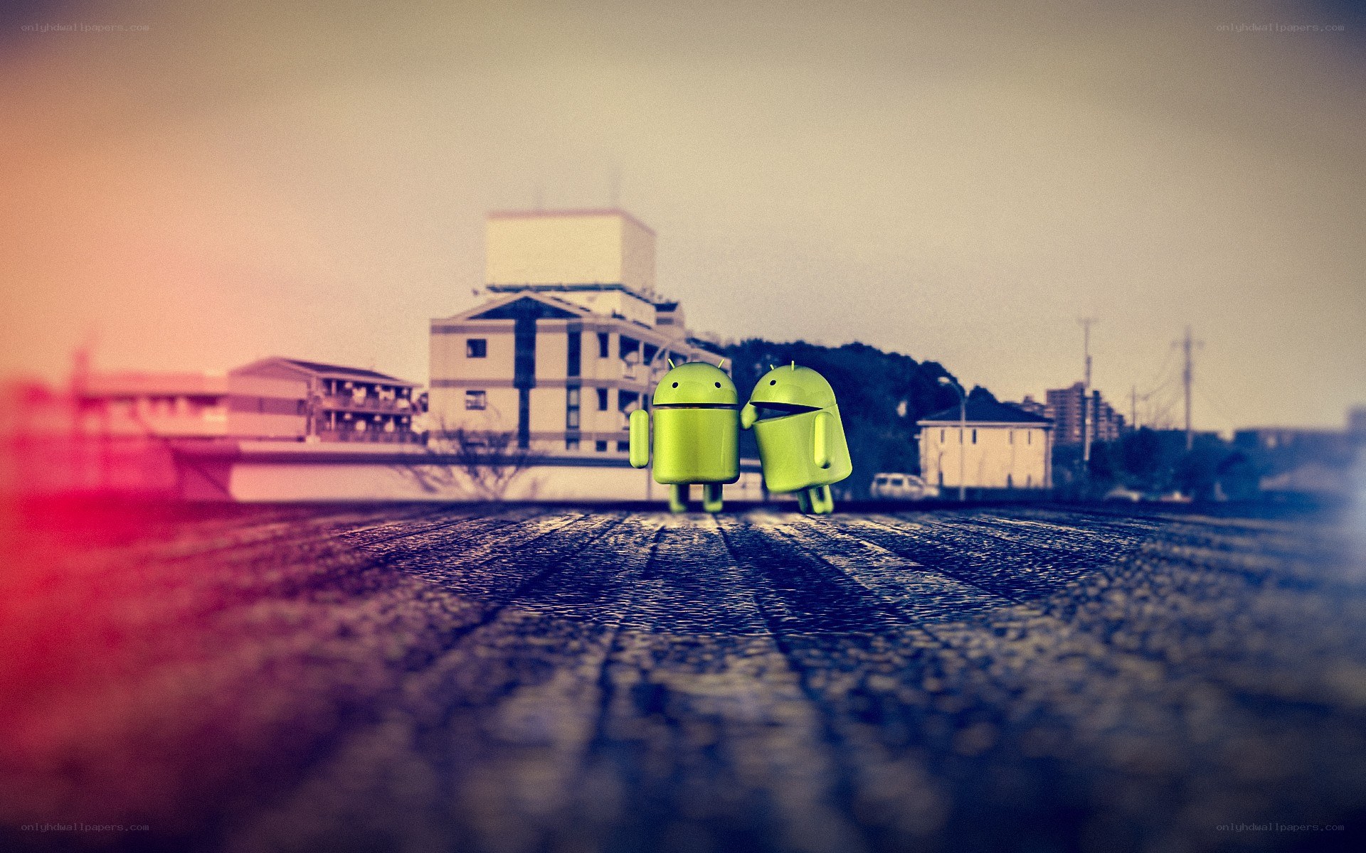 Android mascots on a city street
