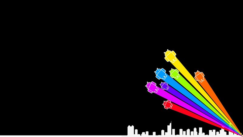 Android rainbows over city