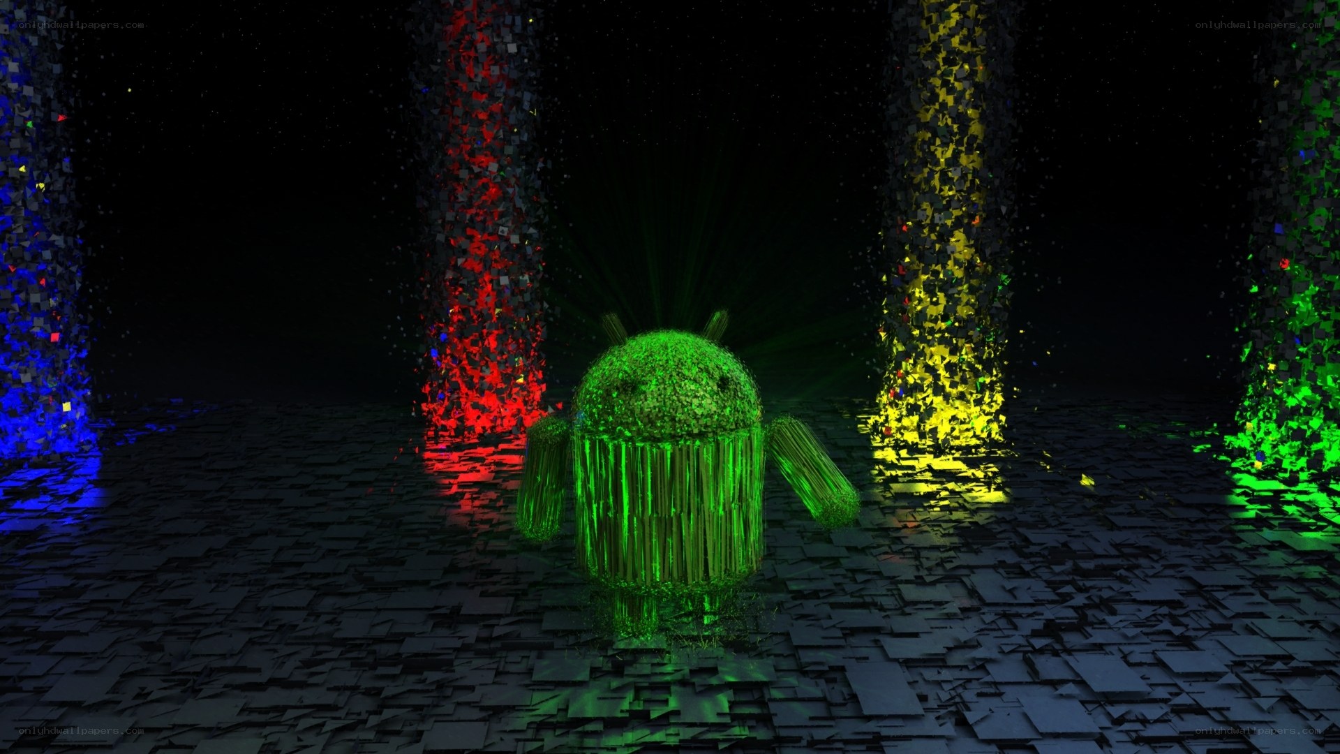 Android robot in digital space