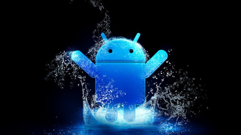 Android robot in water splash