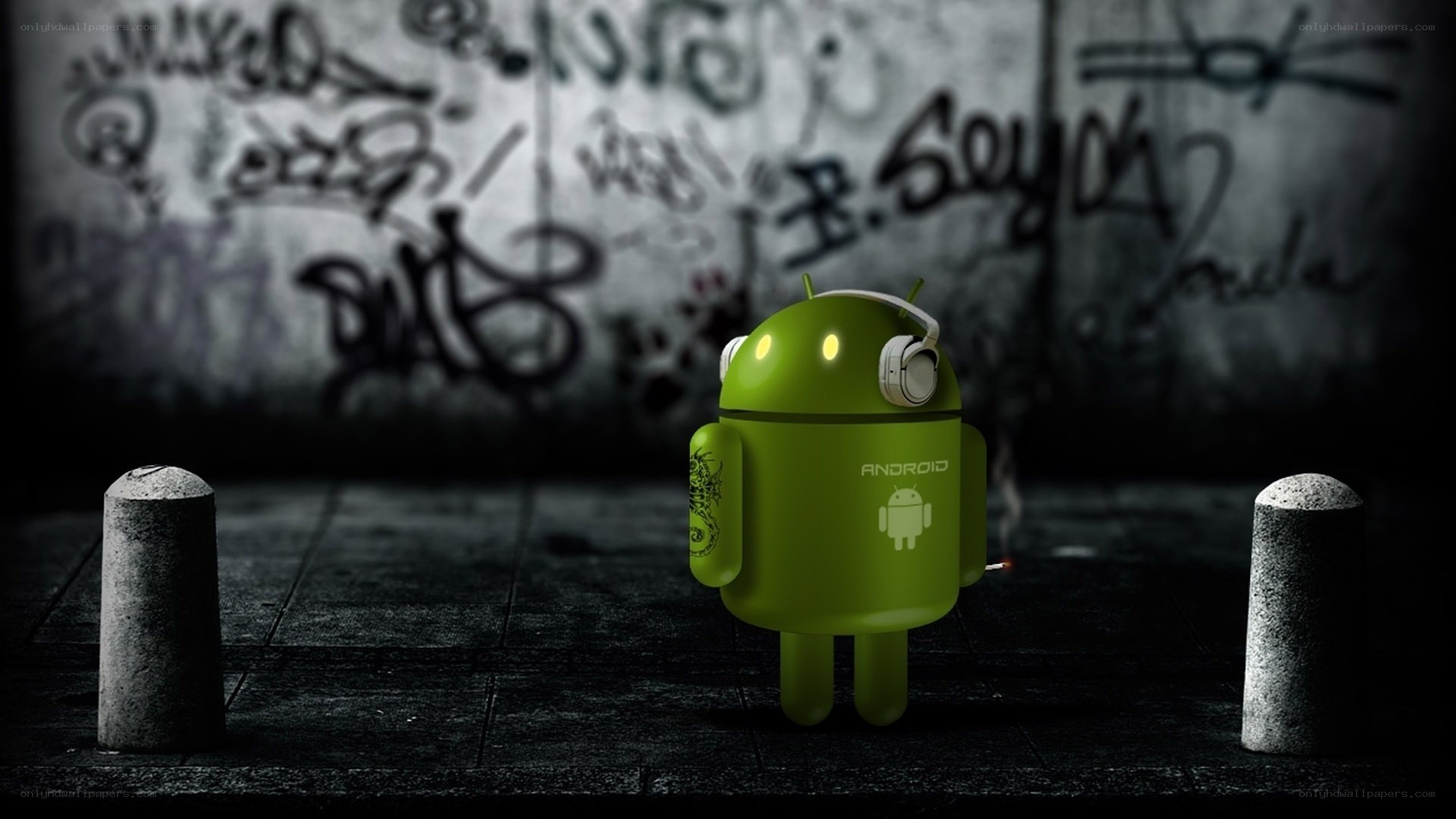 Android robot with headphones