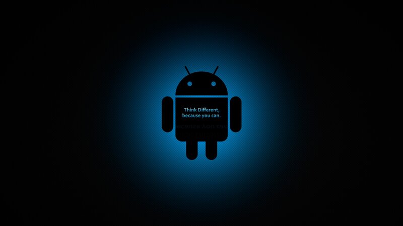 Android robot with slogan