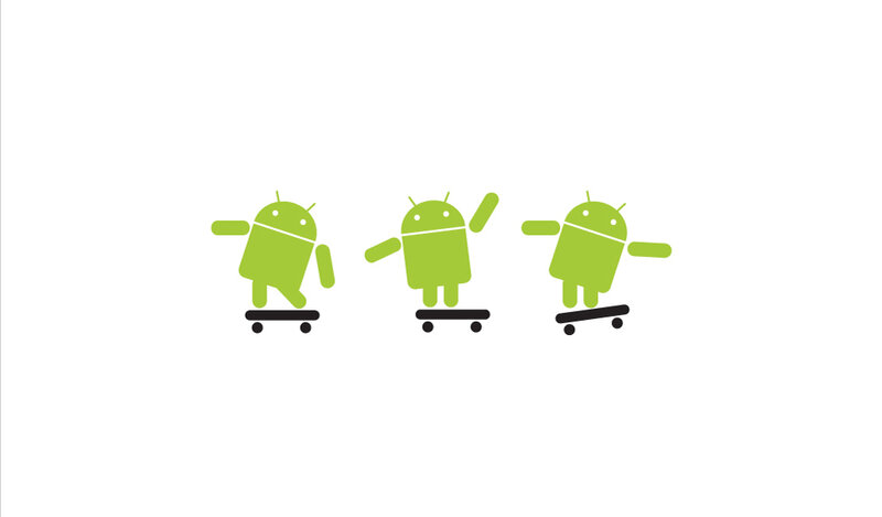 Android robots on skateboards