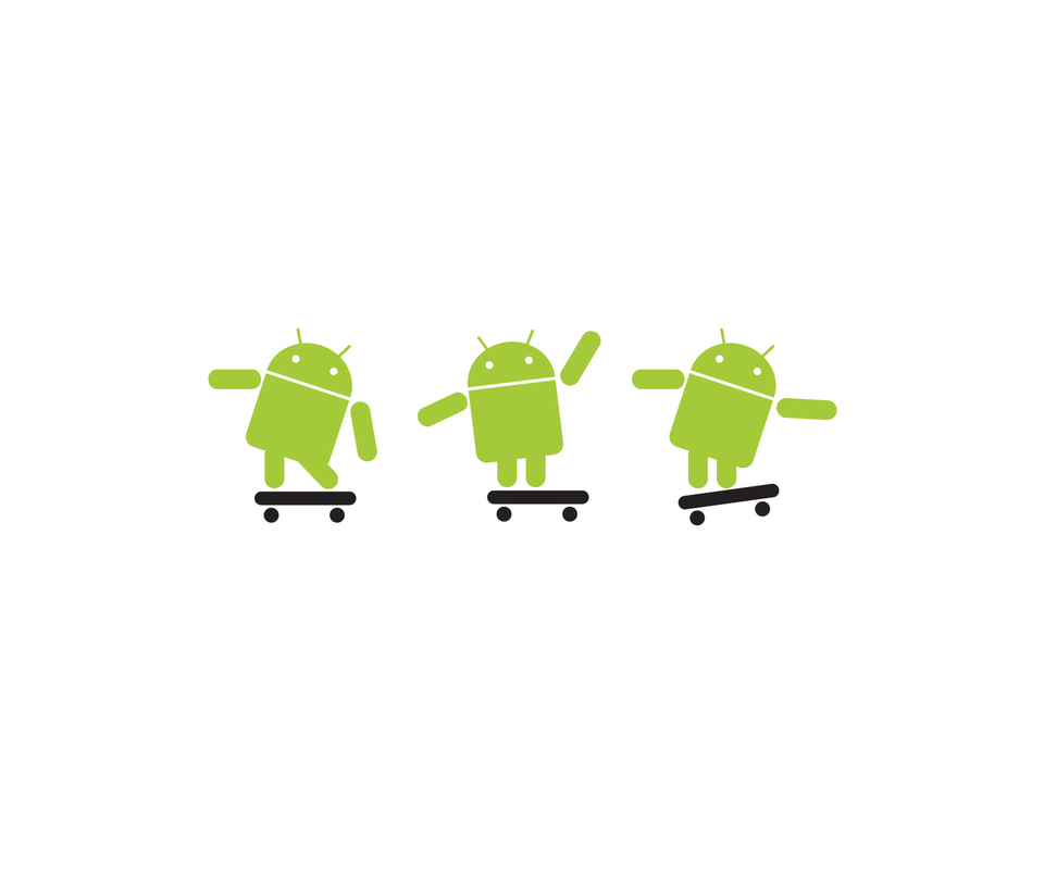Android robots on skateboards