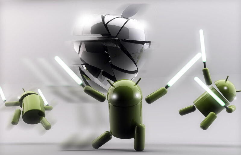 Android robots with lightsabers