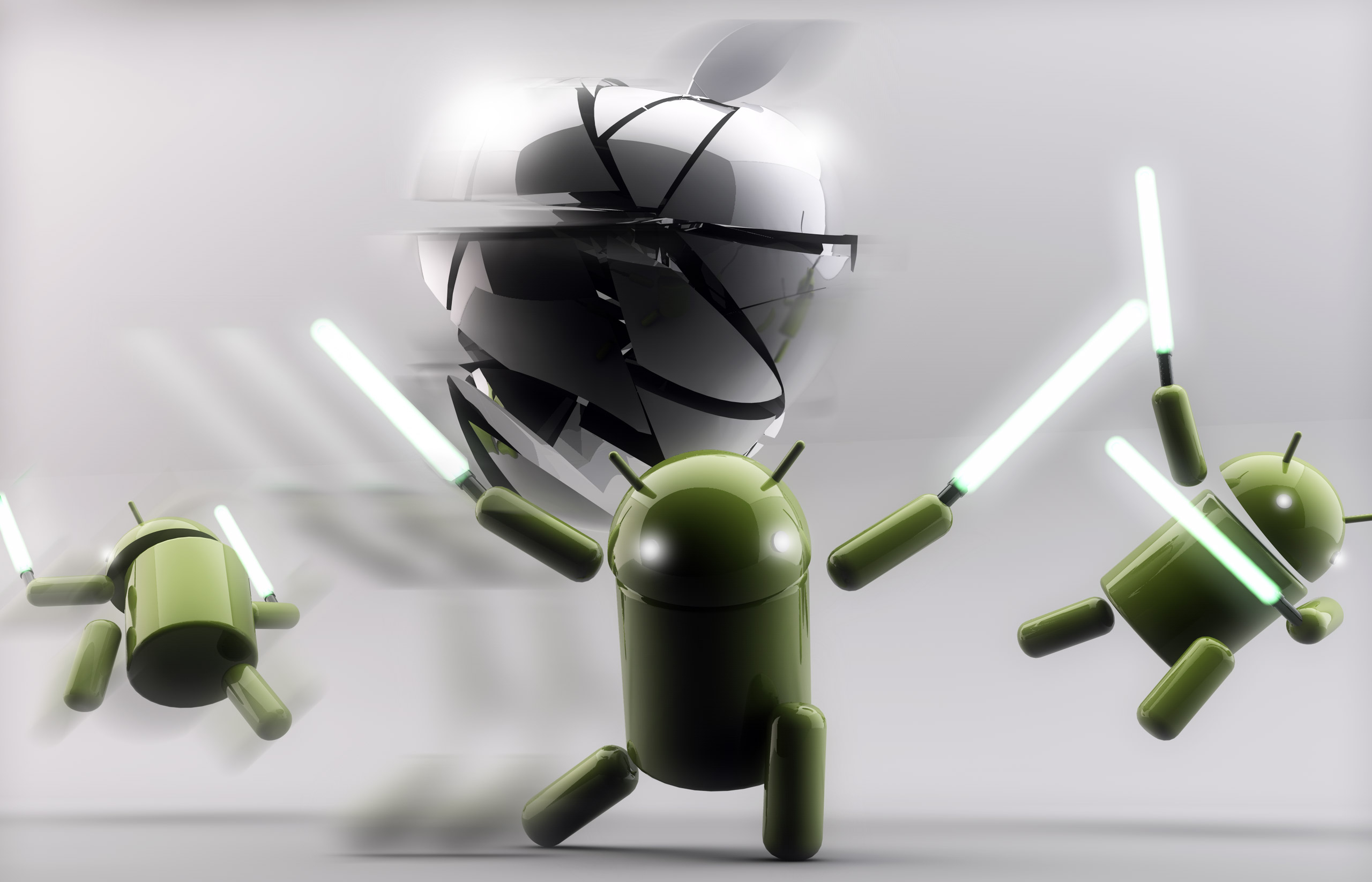 Android robots with lightsabers