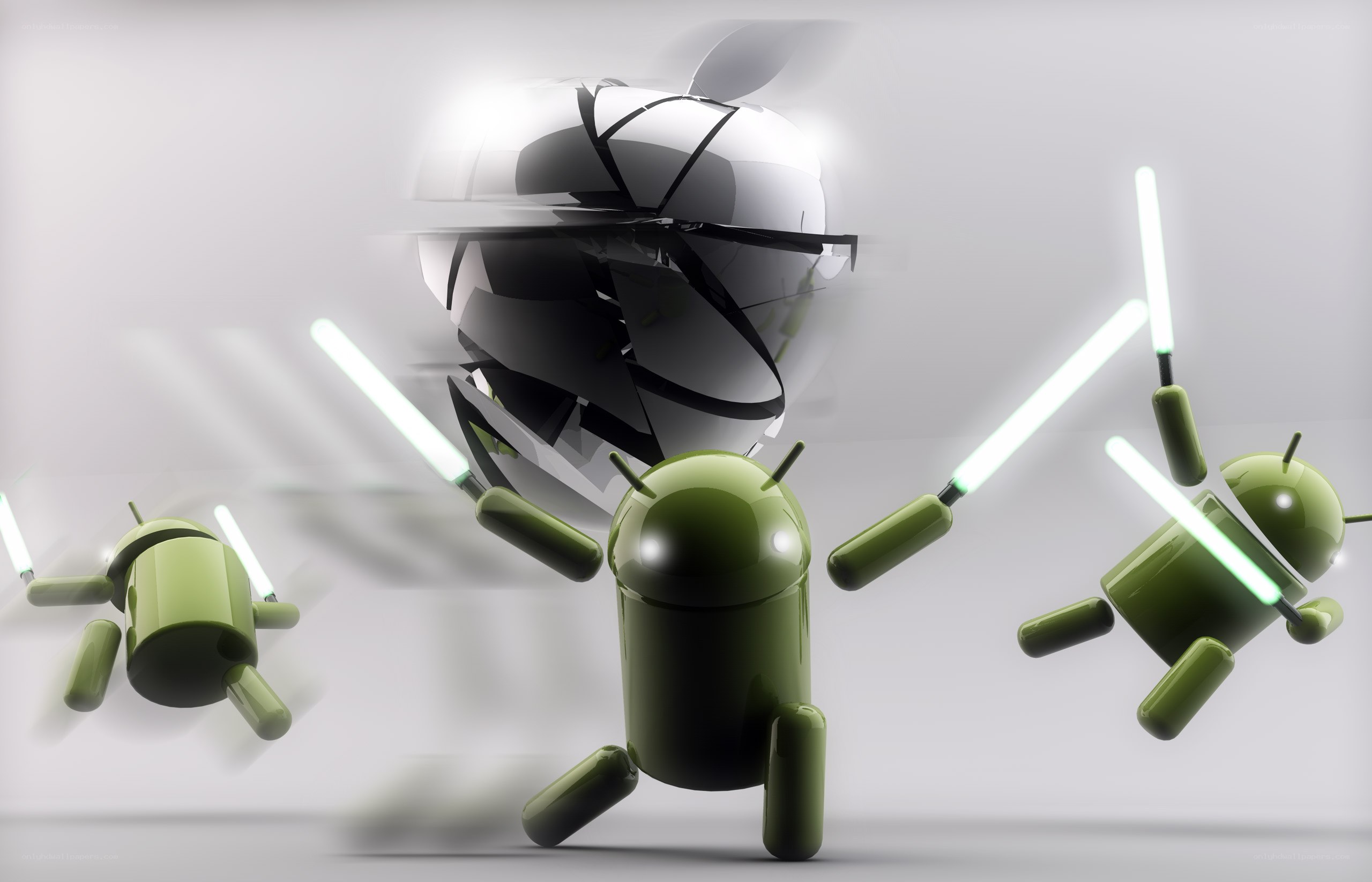 Android robots with lightsabers
