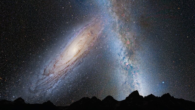 Andromeda Galaxy — Black, Dramatic, Night, Photograph, Stars, Mountains