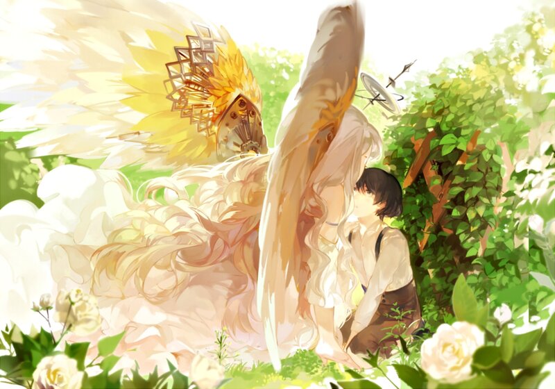 Angel and Boy in Garden — White
