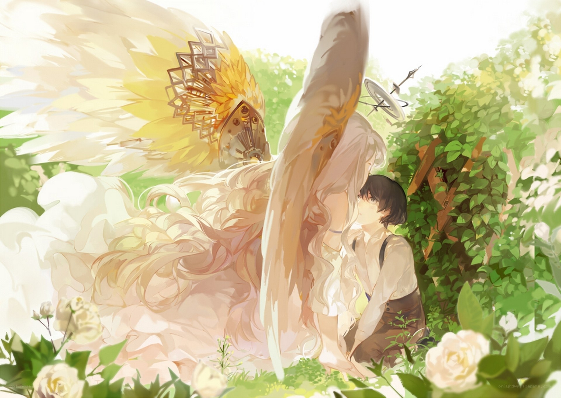 Angel and boy in garden