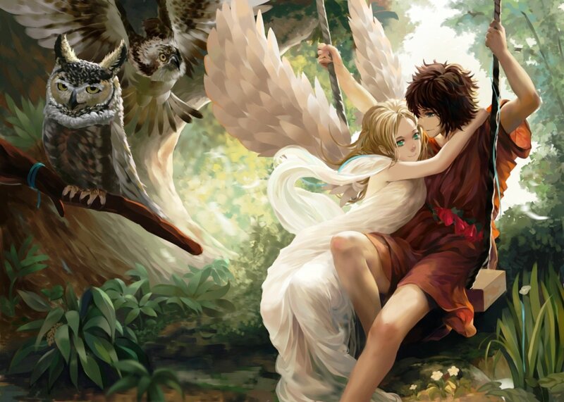 Angel and Boy on Swing — White