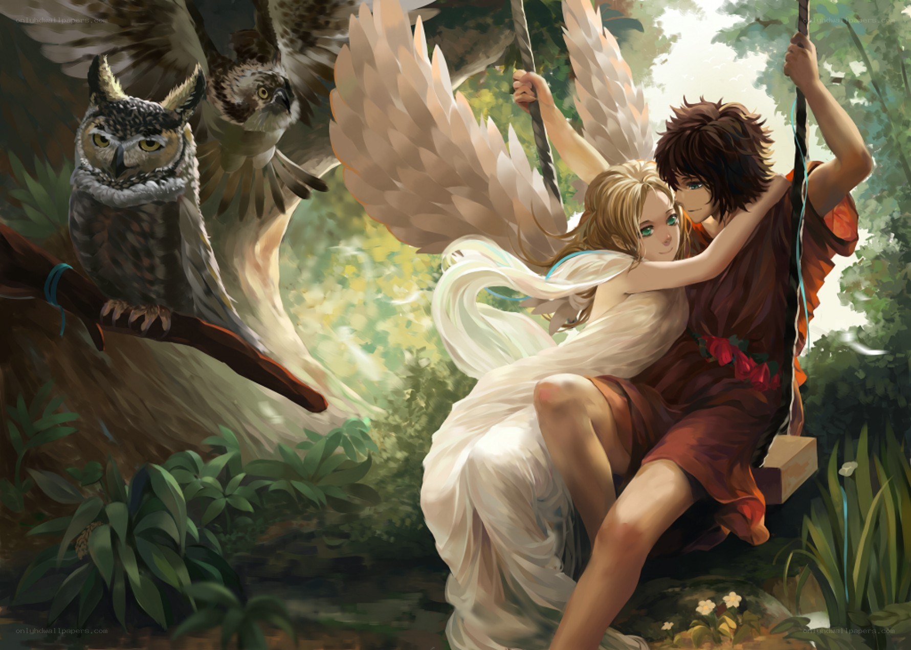 Angel and boy on swing