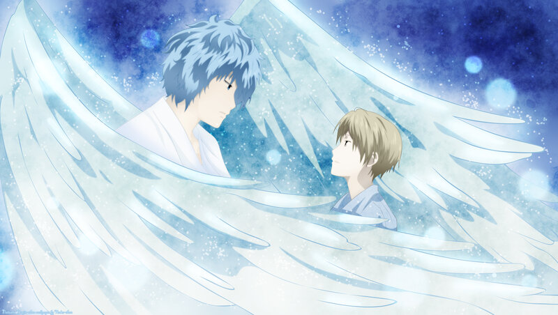 Angel and boy under wings