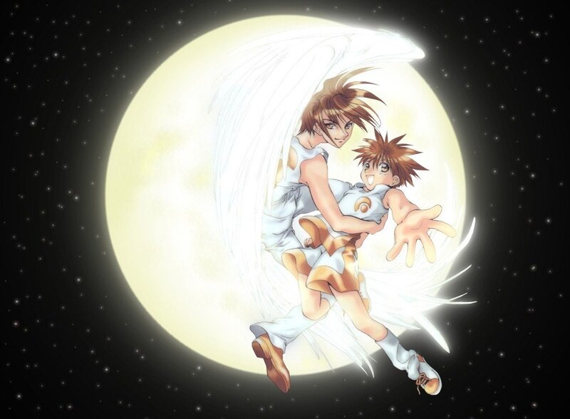 Angel and child in moonlight