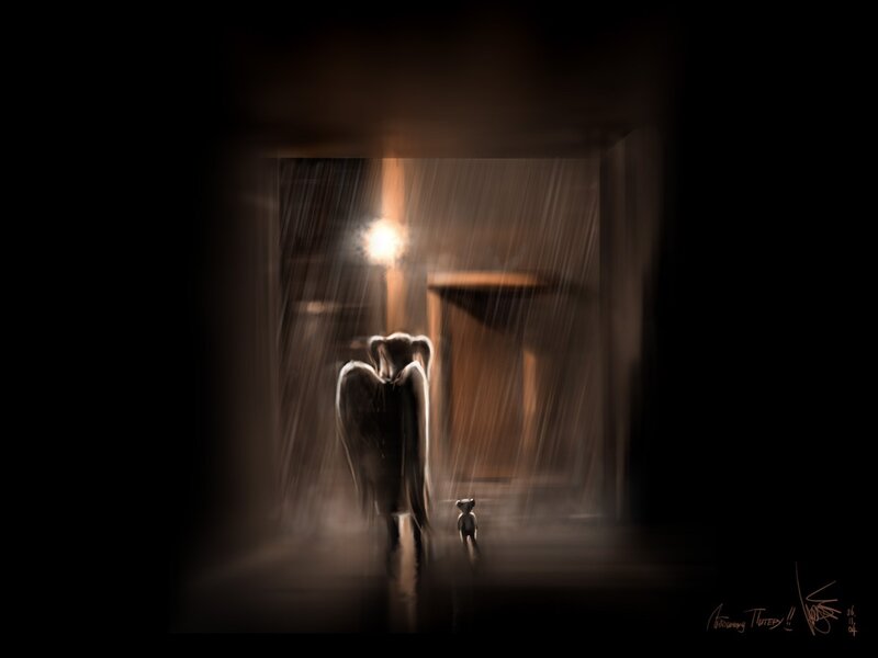 Angel and child in rain