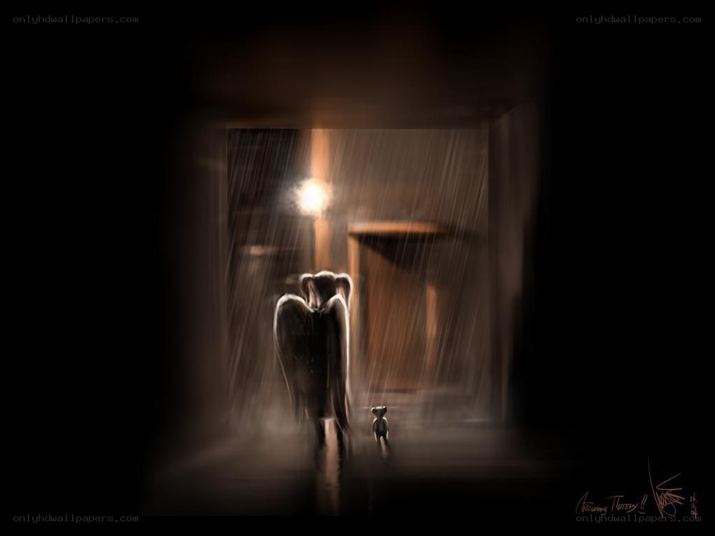 Angel and child in rain
