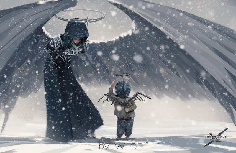 Angel and Child in Snow — Gray