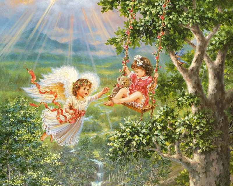 Angel and Child on Swing — Green, Serene