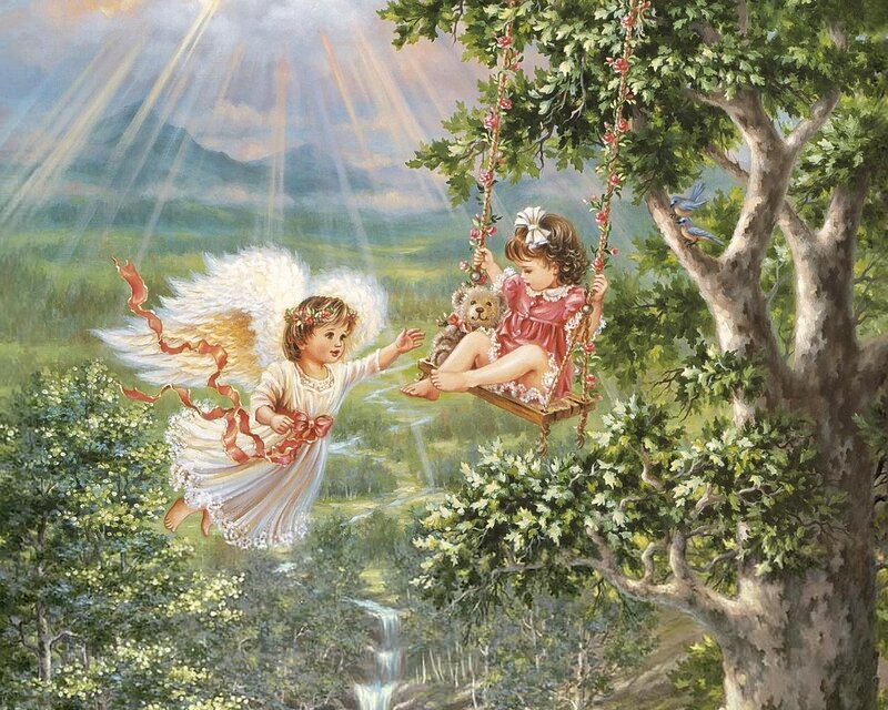 Angel and Child on Swing — Green