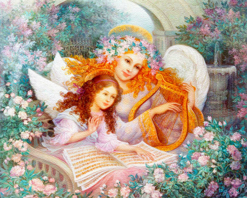 Angel and Child with Harp — Pink