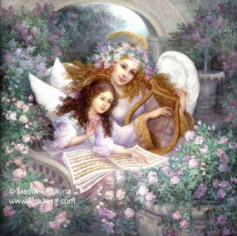 Angel and Child with Harp — Purple