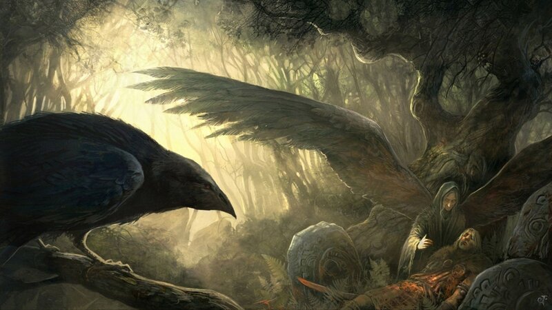 Angel and Crow in Forest