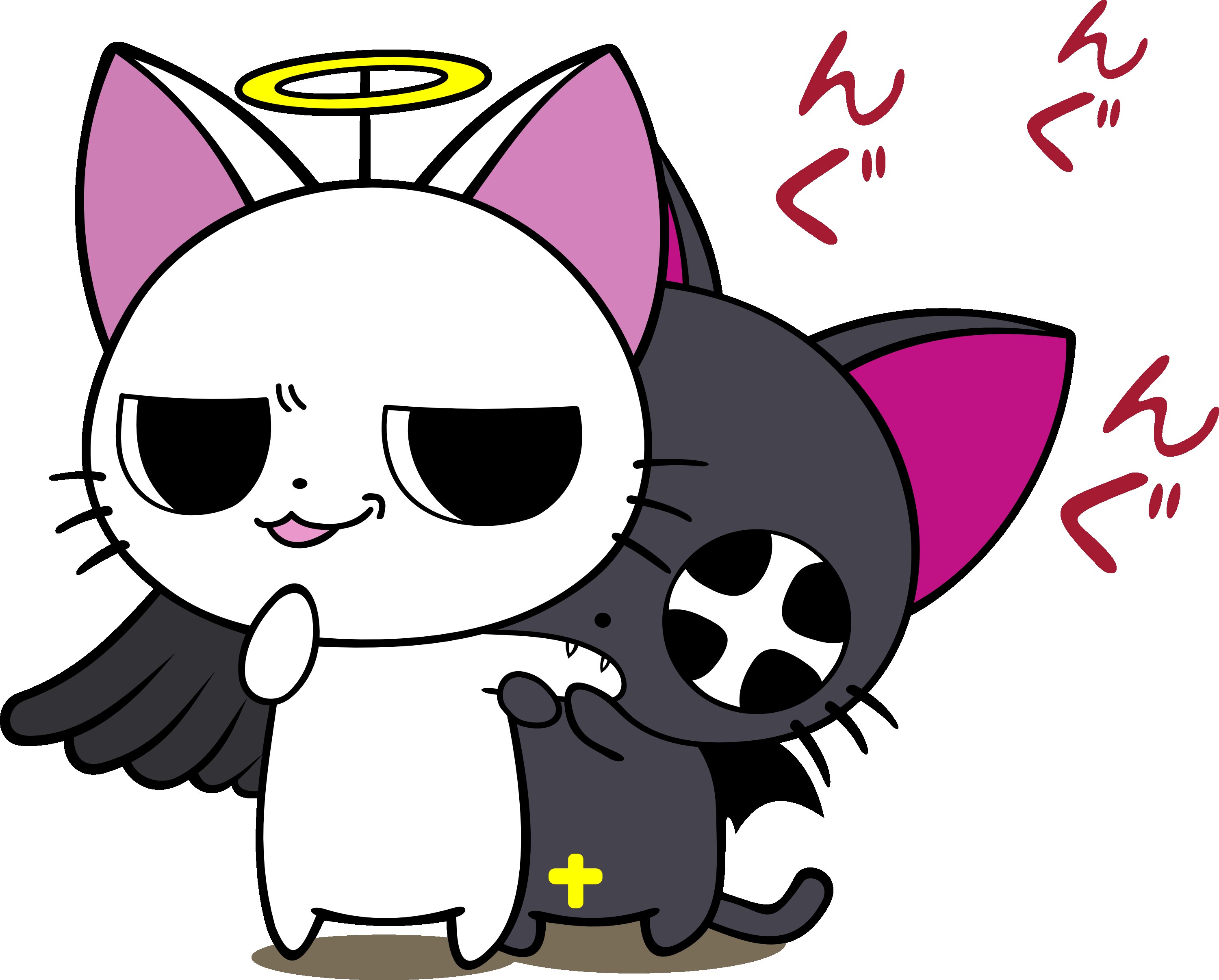 Angel and demon cats hugging