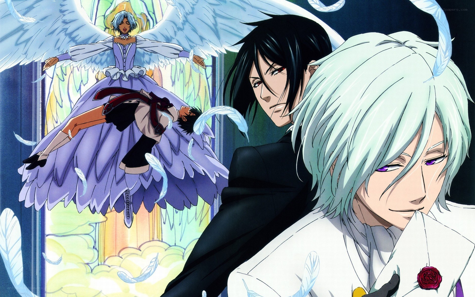 Angel and demon characters in dramatic scene