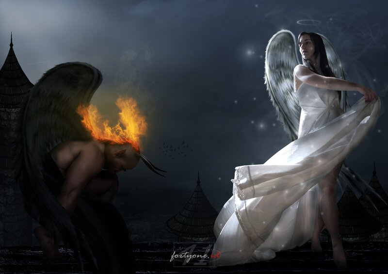 Angel and Demon Confrontation — White, Dramatic, Night, Digital Art