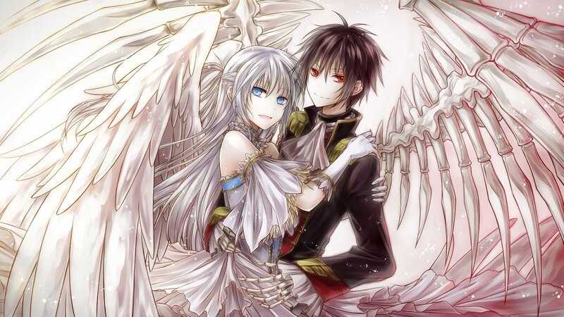 Angel and Demon Couple — White, Dramatic, Anime, Wings, Skeleton