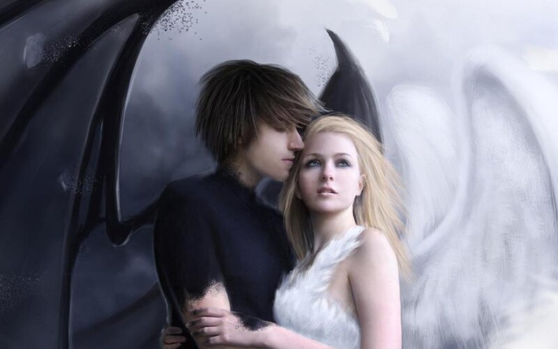 Angel and Demon Couple — White, Dramatic, Digital Art, Wings