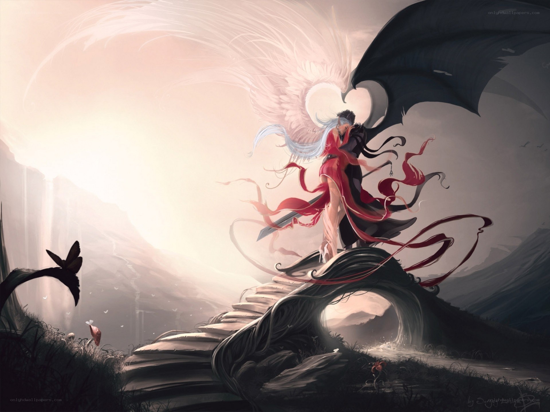 angel and demon embrace