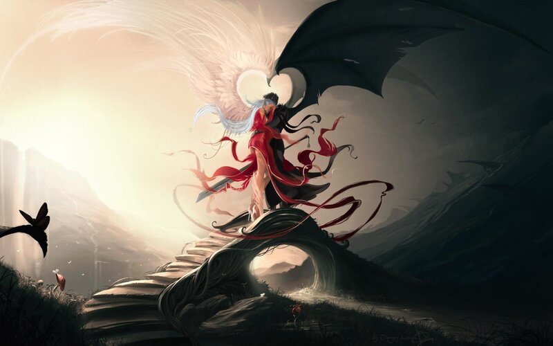 angel and demon embrace