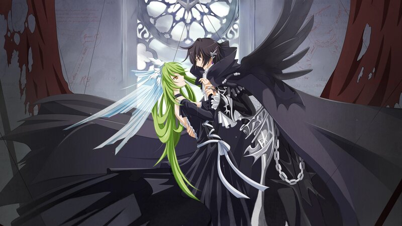 Angel and demon embrace in a cathedral