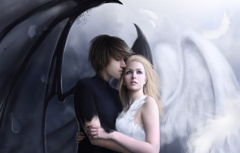 angel and demon embrace