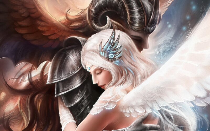 Angel and Demon Embracing — White, Dramatic, Digital Art