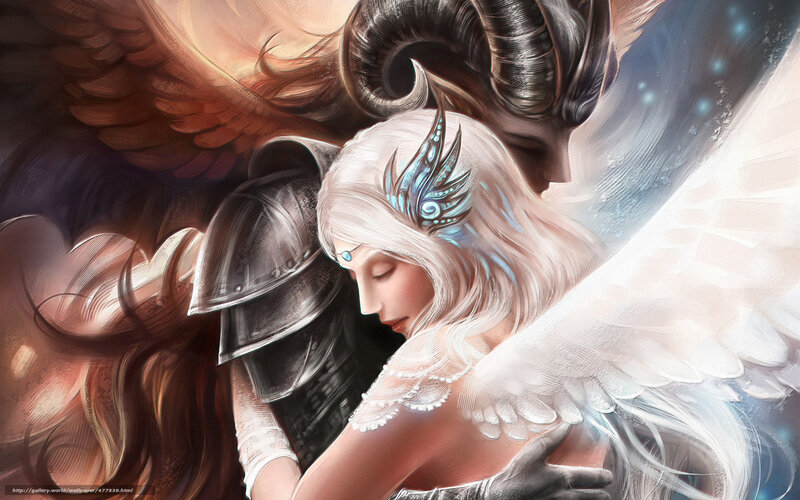 Angel and Demon Embracing — White, Dramatic, Digital Art, Wings, Armor, Horns