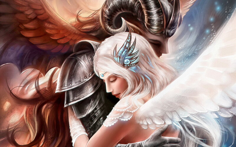 Angel and Demon Embracing — White, Dramatic, Digital Art, Wings, Armor