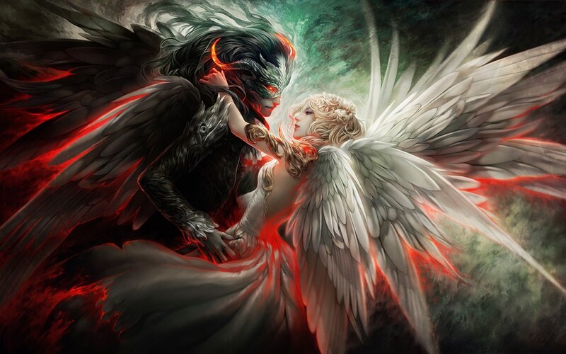 Angel and Demon Embracing — White, Dramatic, Digital Art, Wings, Fire