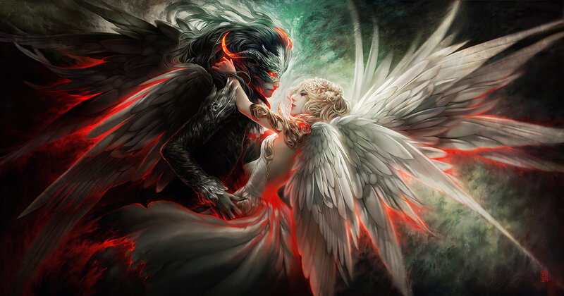 Angel and Demon Embracing — White, Dramatic, Digital Art, Wings