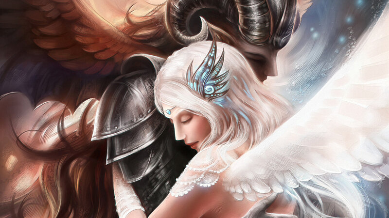 Angel and Demon Embracing — White