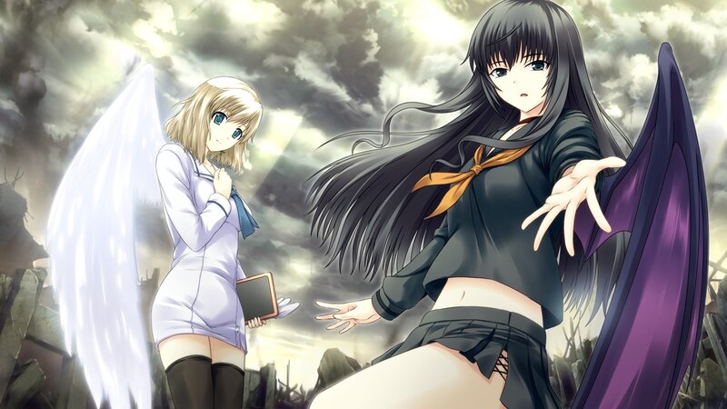 Angel and demon girls in a ruined world