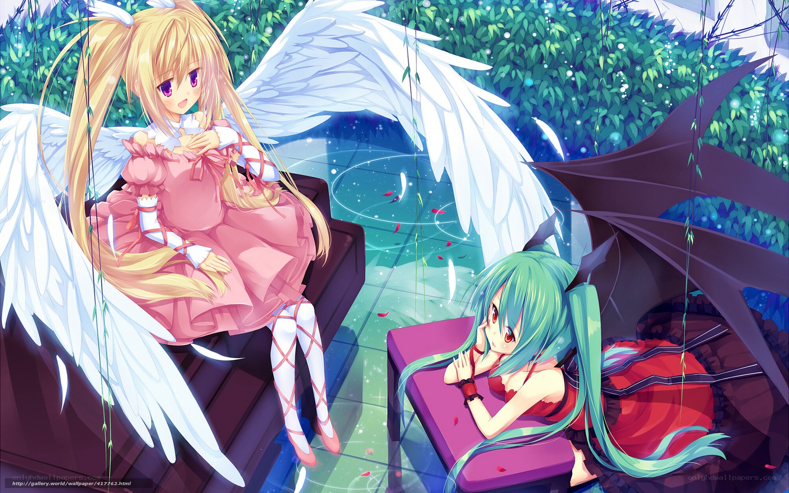 Angel and demon girls in garden