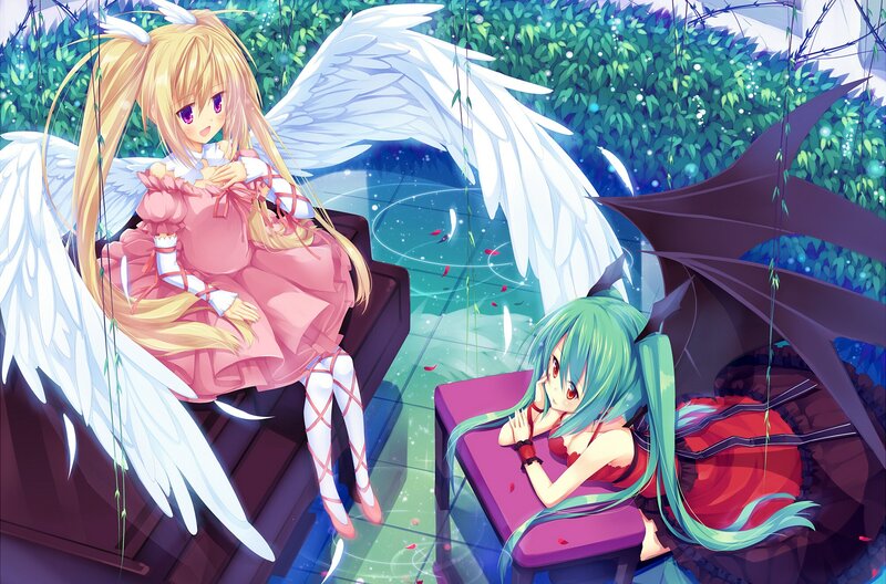 Angel and demon girls in garden