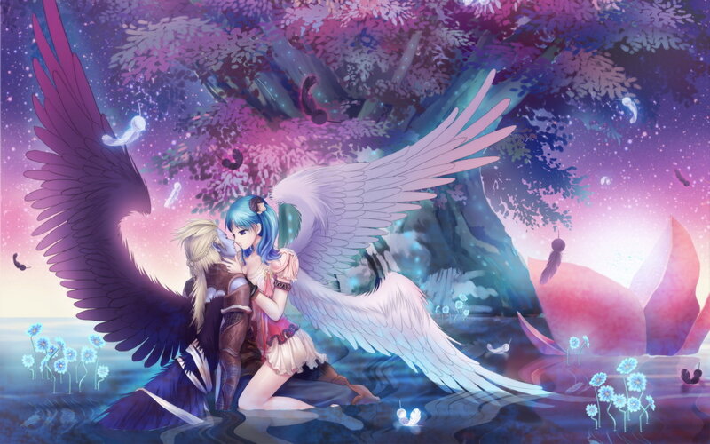 angel and demon in a dreamy forest