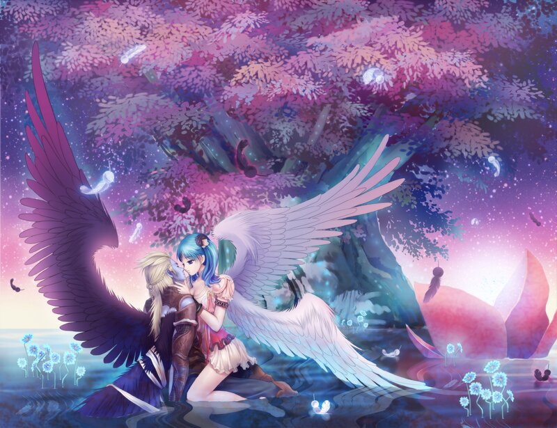 Angel and demon in a dreamy forest