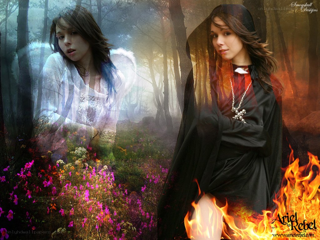 Angel and demon in forest