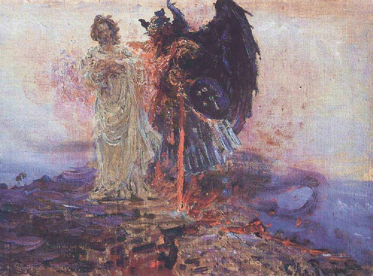 Angel and demon on a cliff