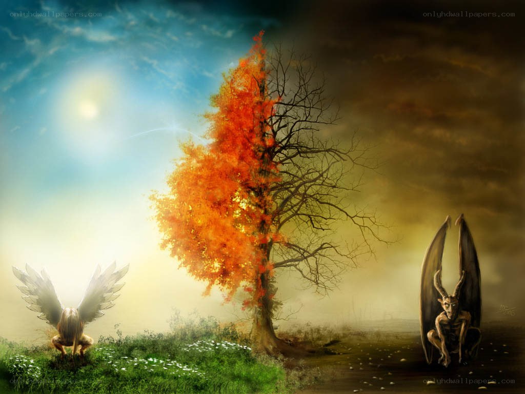 Angel and demon on opposite sides